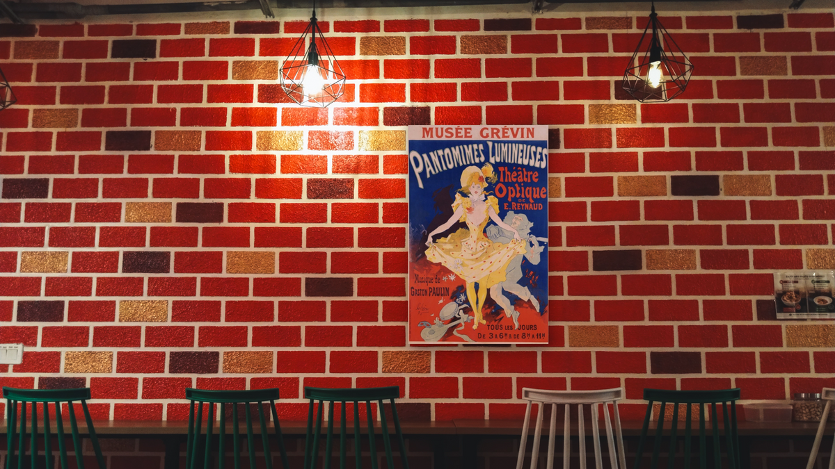 French Poster for Early Motion Picture Pantommes Lumineuses by Jules Chéret, shown at 28 × 42 in (71.1 × 106.7 cm) as gallery-wrapped canvas, restaurant