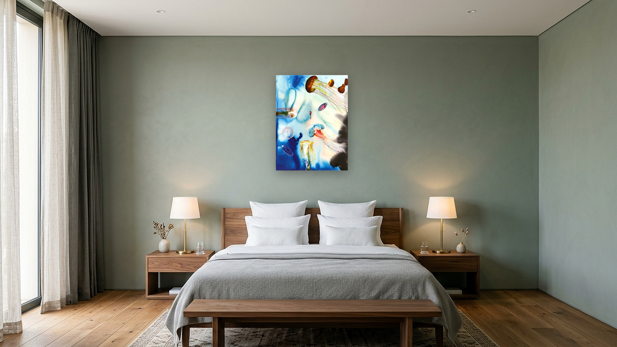 Small Jellyfish by Alexis Rockman, shown at 30 × 40 in (76.2 × 101.6 cm) as gallery-wrapped canvas, hotel guest room