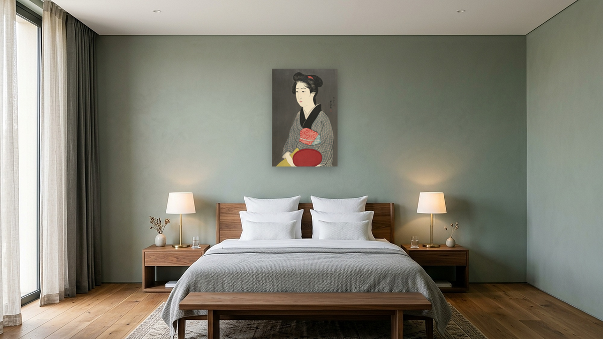 O-Nao with a Tray (O-nao) by Goyō Hashiguchi, shown at 28 × 42 in (71.1 × 106.7 cm) as gallery-wrapped canvas, hotel guest room