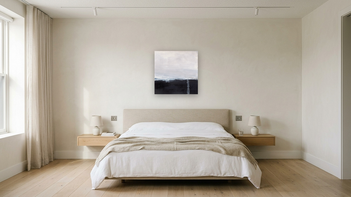 No. 377 by Michelle Oppenheimer, shown at 32 × 32 in (81.3 × 81.3 cm) as gallery-wrapped canvas, hotel guest room