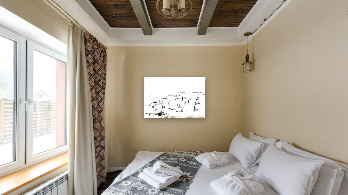 Beach People by Dan Hobday, shown at 28 × 42 in (71.1 × 106.7 cm) as gallery-wrapped canvas, hotel guest room
