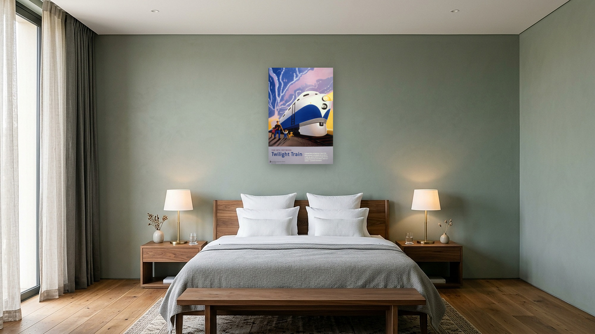 posters 6.25.18, shown at 28 × 42 in (71.1 × 106.7 cm) as gallery-wrapped canvas, hotel guest room