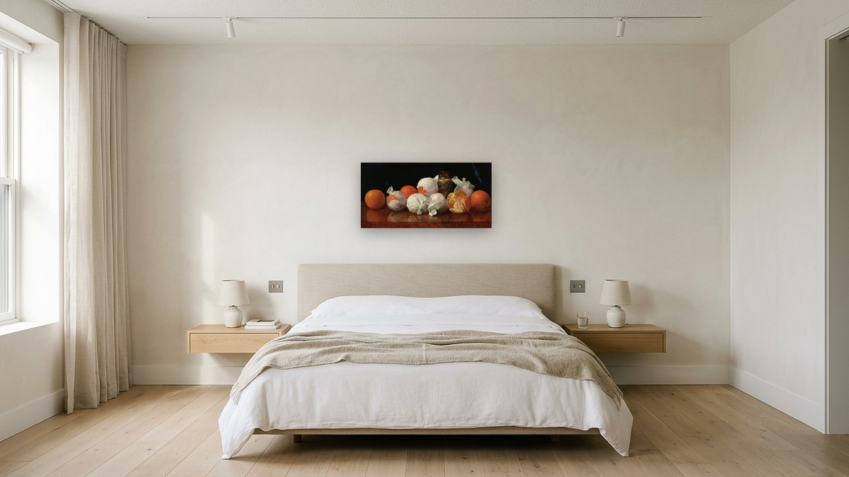 Untitled (Oranges in Tissue with Vase), shown at 20 × 40 in (50.8 × 101.6 cm) as gallery-wrapped canvas, hotel guest room