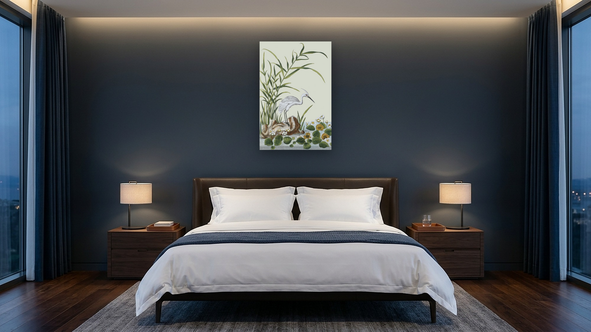 Water crowfoot with egret by Pierre Joseph Buchoz, shown at 28 × 42 in (71.1 × 106.7 cm) as gallery-wrapped canvas, hotel guest room
