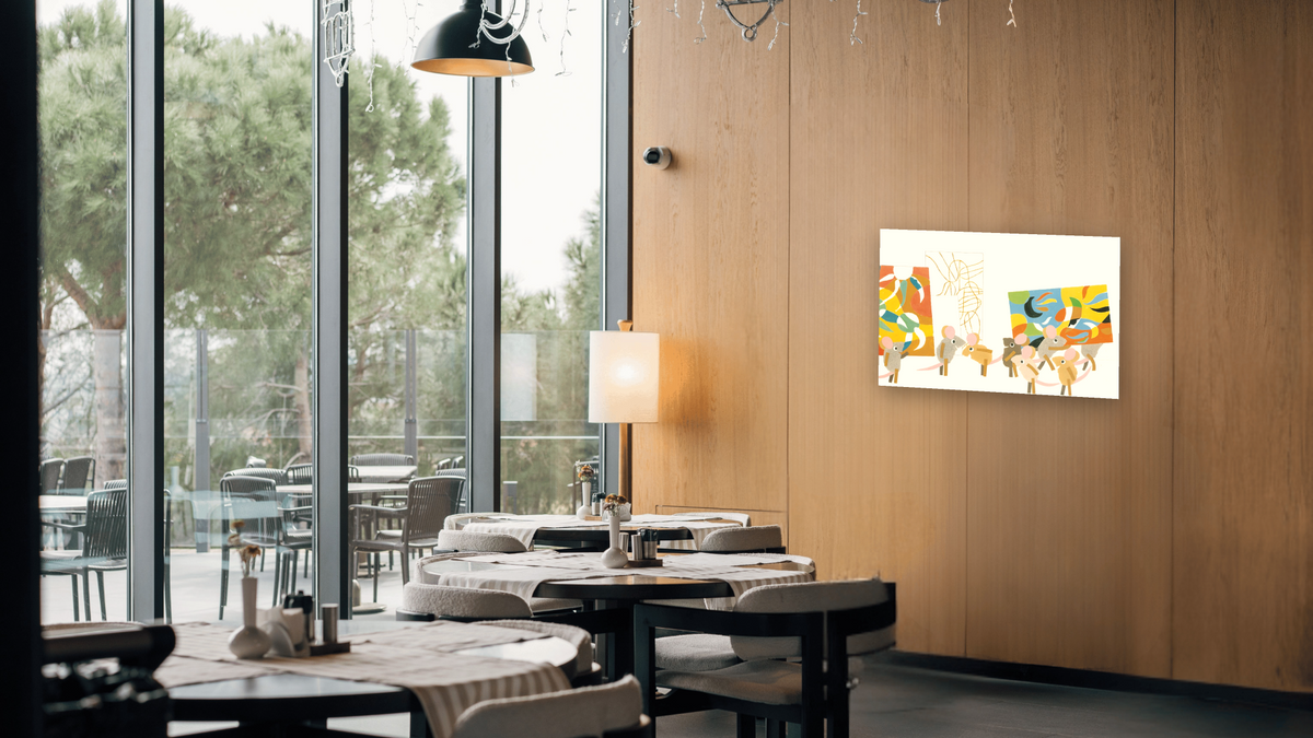 Matthew's Dream XIII, shown at 28 × 42 in (71.1 × 106.7 cm) as gallery-wrapped canvas, restaurant