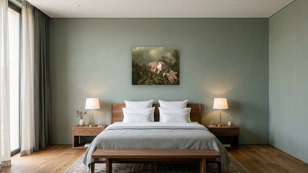 Jungle Orchids and Hummingbirds by Martin Johnson Heade, shown at 32 × 40 in (81.3 × 101.6 cm) as gallery-wrapped canvas, hotel guest room
