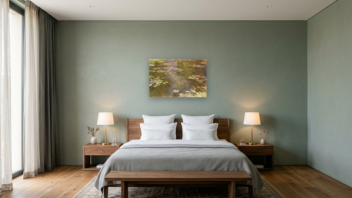 Water Lily Pond by Claude Monet, shown at 28 × 42 in (71.1 × 106.7 cm) as gallery-wrapped canvas, hotel guest room