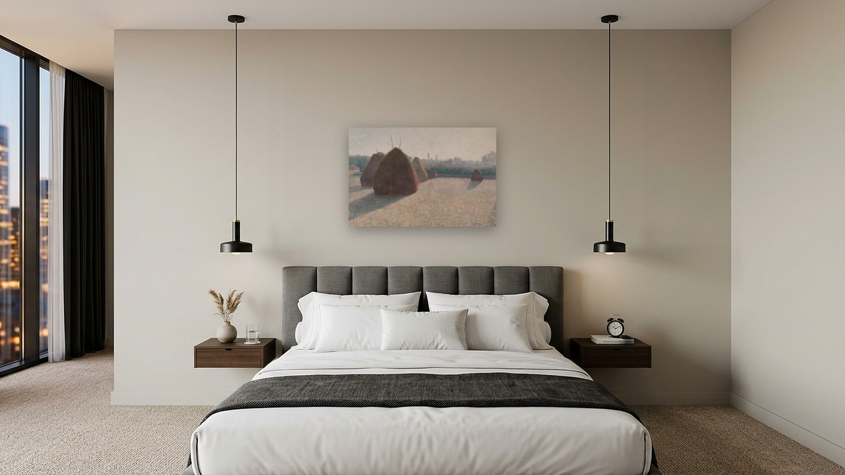 Morning Fog and Sun by John Leslie Breck, shown at 28 × 42 in (71.1 × 106.7 cm) as gallery-wrapped canvas, hotel guest room