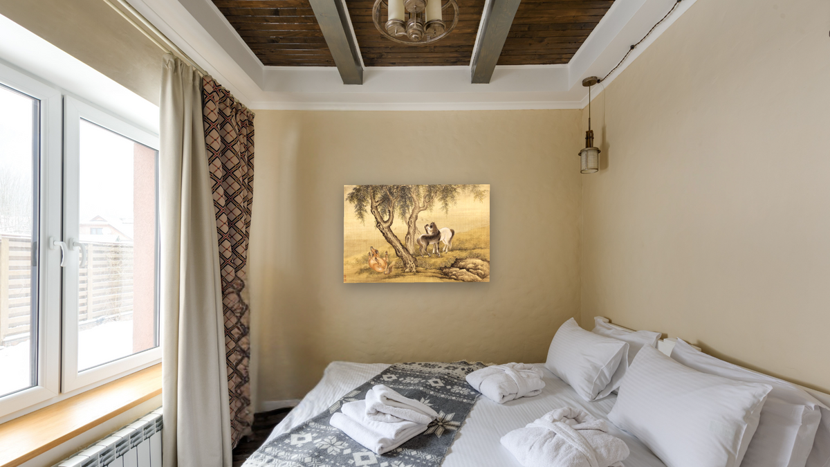 Album of Birds and Animals (Horses) by Shen Nanpin, shown at 28 × 42 in (71.1 × 106.7 cm) as gallery-wrapped canvas, hotel guest room