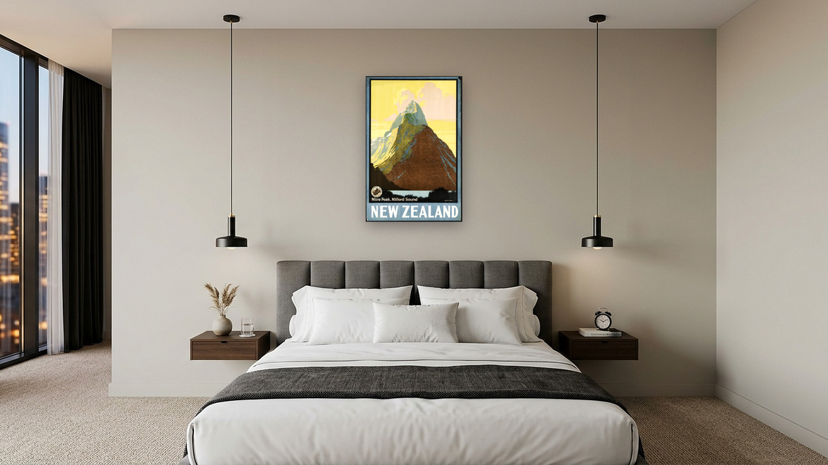 BPL Travel Posters, shown at 28 × 42 in (71.1 × 106.7 cm) as gallery-wrapped canvas, hotel guest room