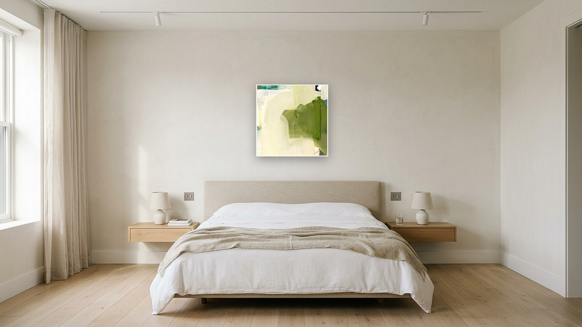 Snack 14 by Nino Yuniardi, shown at 32 × 32 in (81.3 × 81.3 cm) as gallery-wrapped canvas, hotel guest room