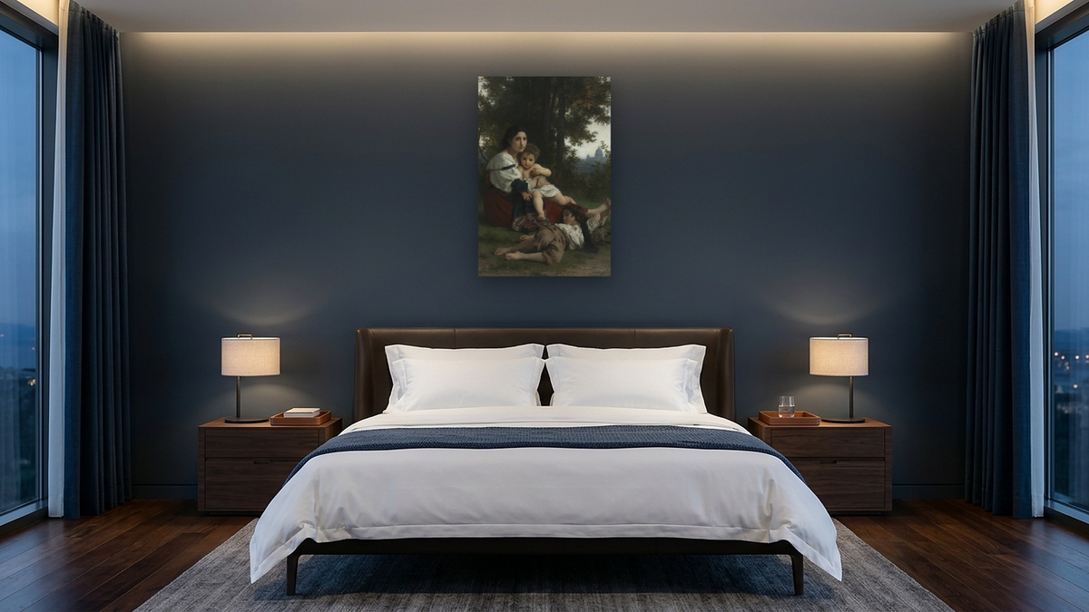 Rest by William-Adolphe Bouguereau, shown at 28 × 42 in (71.1 × 106.7 cm) as gallery-wrapped canvas, hotel guest room