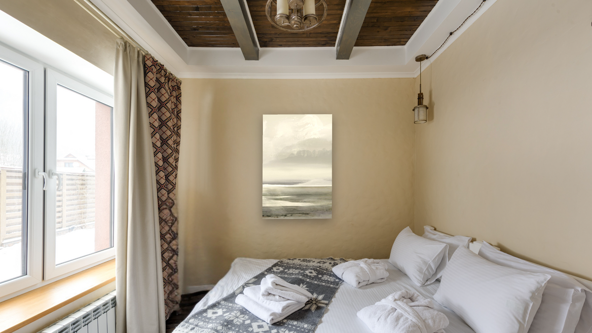 Lakes 2 by Dan Hobday, shown at 28 × 42 in (71.1 × 106.7 cm) as gallery-wrapped canvas, hotel guest room