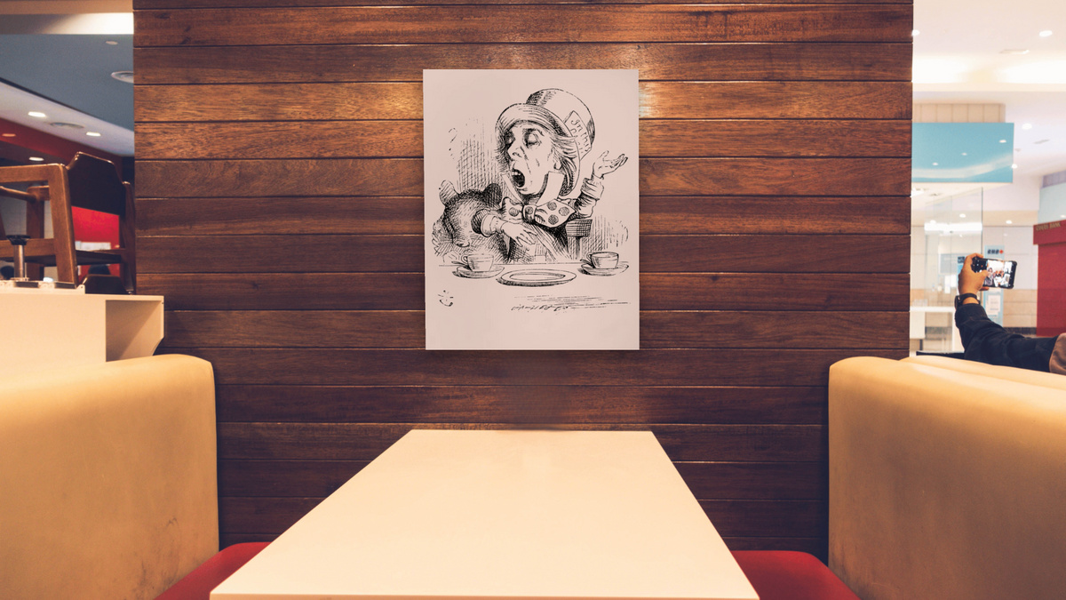 The Mad Hatter, illustration from 'Alice's Adventures in Wonderland', by Lewis Carroll by John Tenniel, shown at 30 × 40 in (76.2 × 101.6 cm) as gallery-wrapped canvas, restaurant