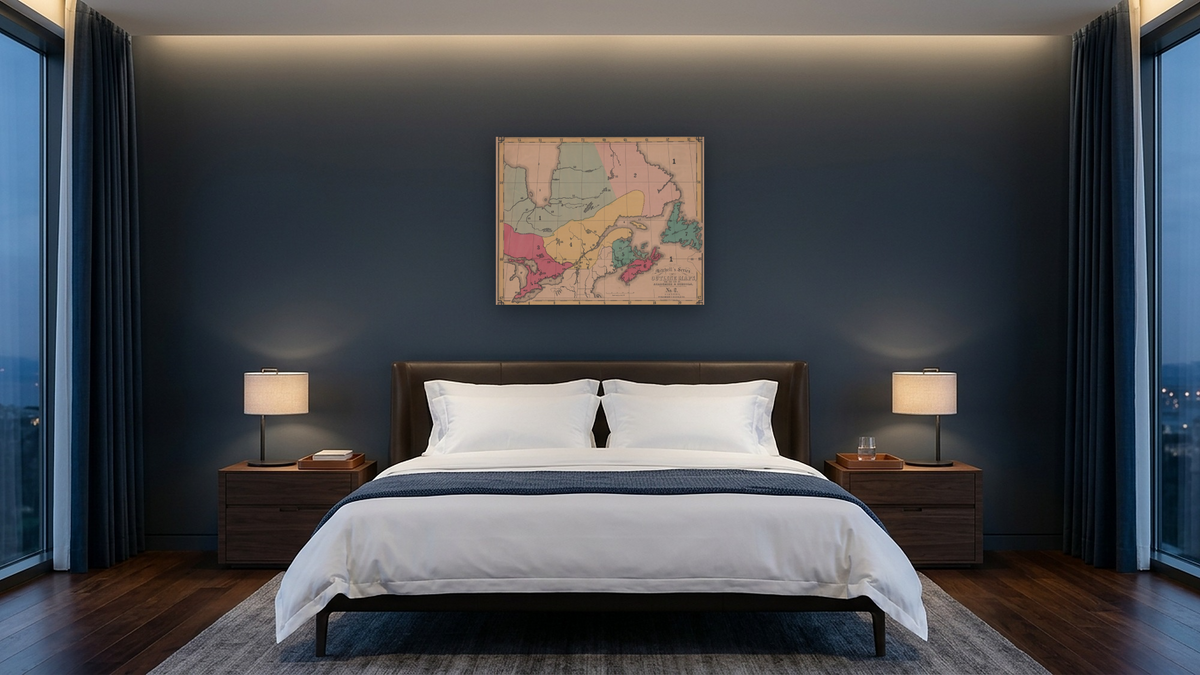 British Provinces, shown at 32 × 40 in (81.3 × 101.6 cm) as gallery-wrapped canvas, hotel guest room
