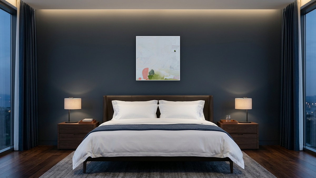 Snack 13 by Nino Yuniardi, shown at 32 × 32 in (81.3 × 81.3 cm) as gallery-wrapped canvas, hotel guest room