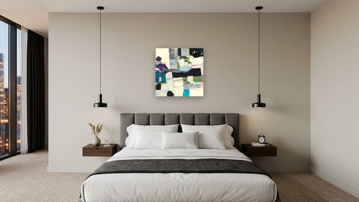 Some Purple by Louise Gaskill, shown at 32 × 32 in (81.3 × 81.3 cm) as gallery-wrapped canvas, hotel guest room