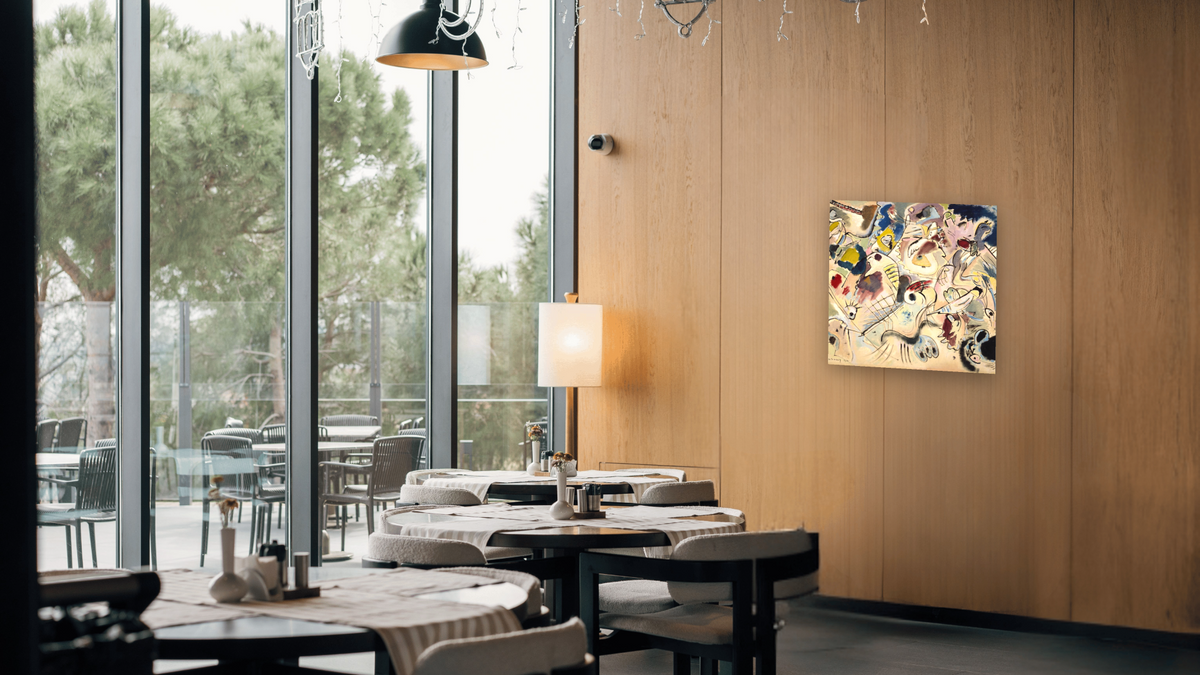 Skizze (Sketch 160A), shown at 32 × 32 in (81.3 × 81.3 cm) as gallery-wrapped canvas, restaurant