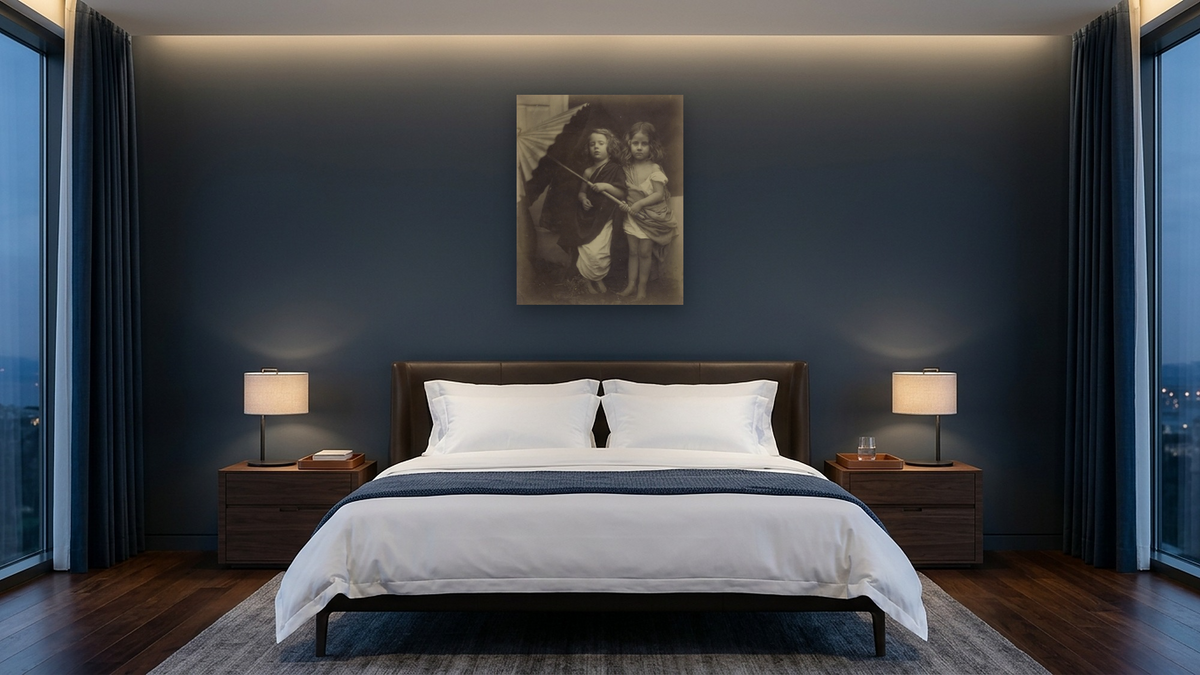 [Paul and Virginia] by Julia Margaret Cameron, shown at 32 × 40 in (81.3 × 101.6 cm) as gallery-wrapped canvas, hotel guest room