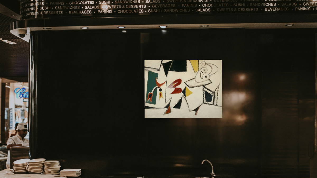 Composition by Arshile Gorky, shown at 30 × 40 in (76.2 × 101.6 cm) as gallery-wrapped canvas, restaurant