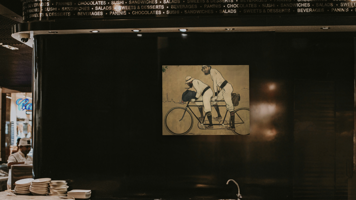 Ramón Casas i Pere Romeu en un tandem. Barcelona by Ramón Casas, shown at 32 × 40 in (81.3 × 101.6 cm) as gallery-wrapped canvas, restaurant
