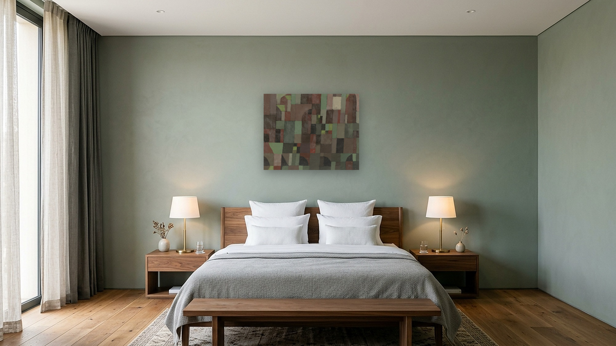 Red/Green Architecture (yellow/violet gradation) by Paul Klee, shown at 32 × 40 in (81.3 × 101.6 cm) as gallery-wrapped canvas, hotel guest room