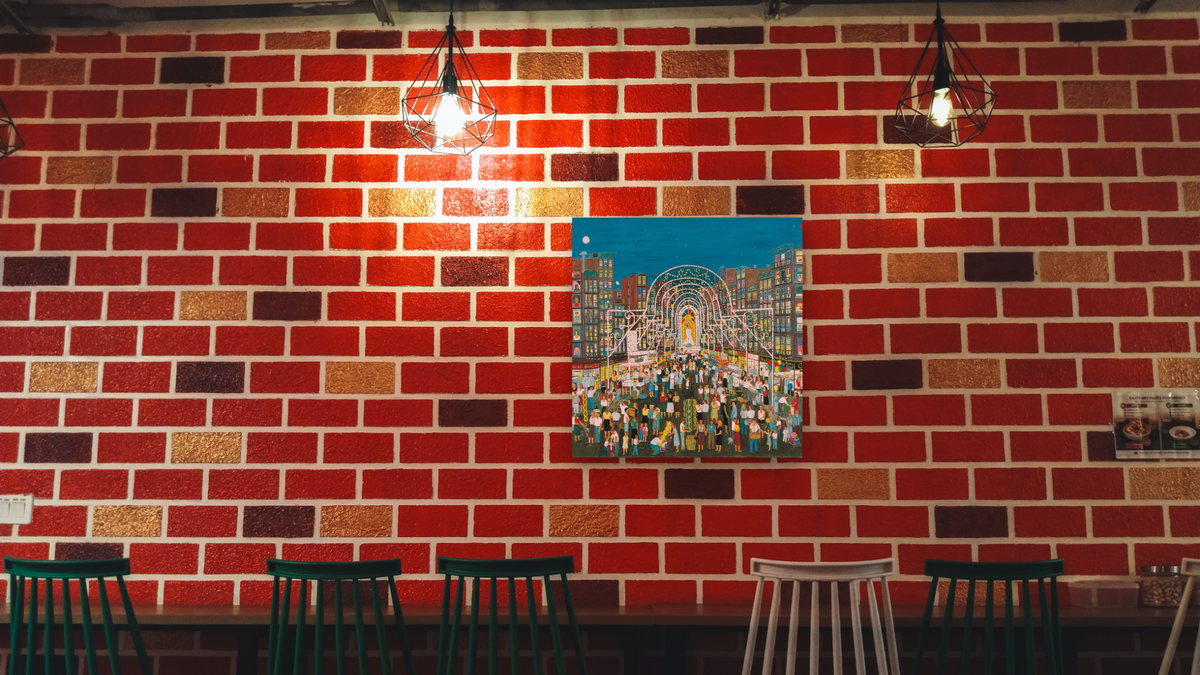 Festa by Ralph Fasanella, shown at 32 × 32 in (81.3 × 81.3 cm) as gallery-wrapped canvas, restaurant