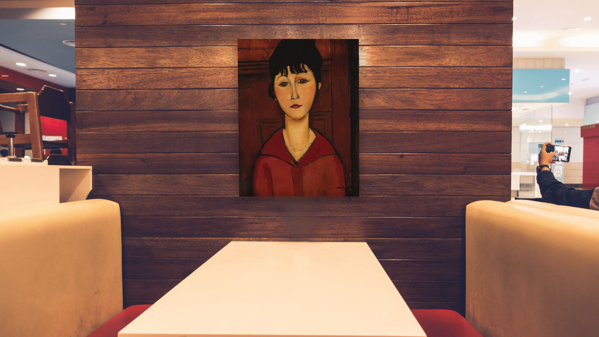 Head of a Young Girl by Amedeo Modigliani, shown at 30 × 40 in (76.2 × 101.6 cm) as gallery-wrapped canvas, restaurant