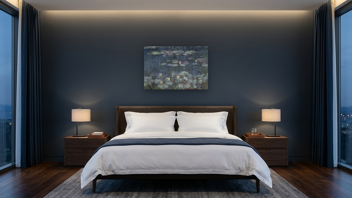 Waterlilies: Green Reflections by Claude Monet, shown at 28 × 42 in (71.1 × 106.7 cm) as gallery-wrapped canvas, hotel guest room