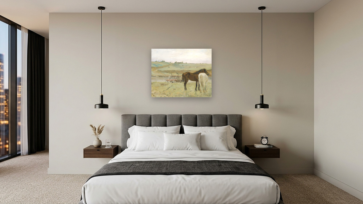 Horses in a Meadow by Edgar Degas, shown at 32 × 40 in (81.3 × 101.6 cm) as gallery-wrapped canvas, hotel guest room