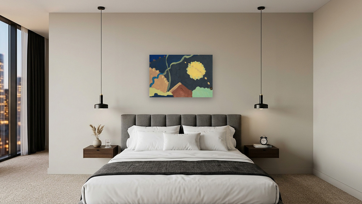 Untitled (# 24 in a Portfolio of 24 sketches) by Arthur Dove, shown at 28 × 42 in (71.1 × 106.7 cm) as gallery-wrapped canvas, hotel guest room