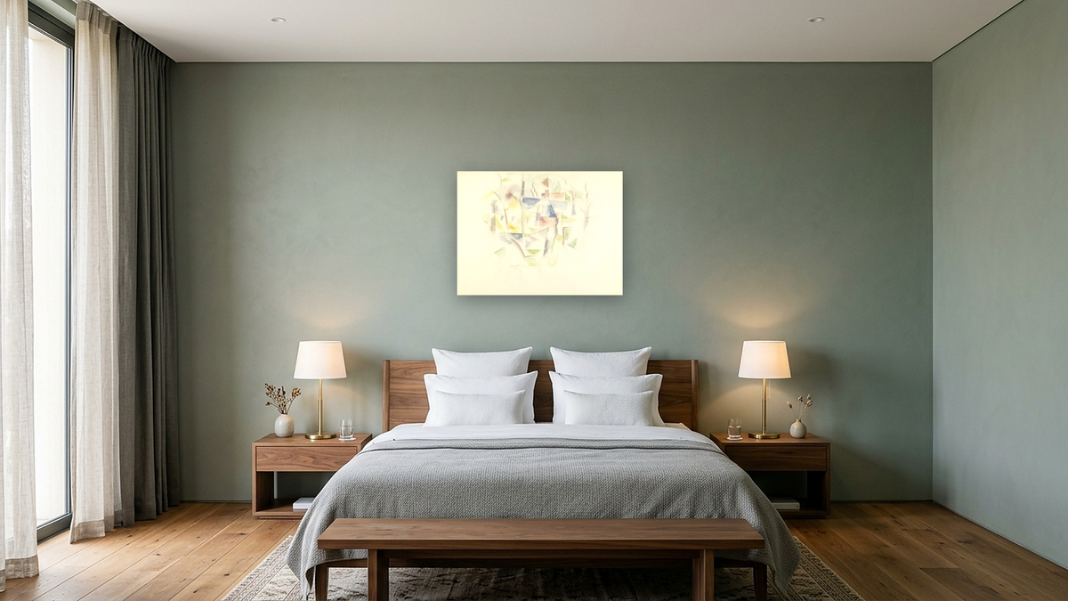 Trees and Barns (Bermuda), 1917 by Charles Demuth, shown at 30 × 40 in (76.2 × 101.6 cm) as gallery-wrapped canvas, hotel guest room