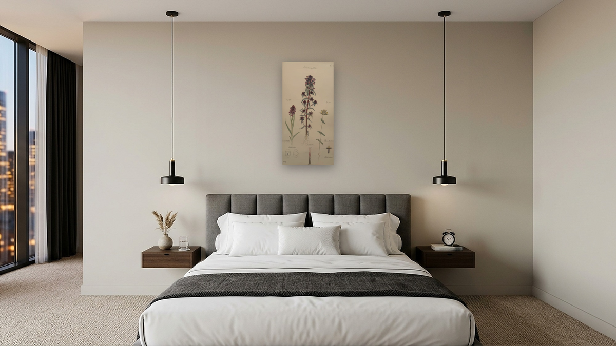 Early Marsh-Orchid, European purple lousewort, and Little Yellow rattle by Hilma af Klint, shown at 20 × 40 in (50.8 × 101.6 cm) as gallery-wrapped canvas, hotel guest room