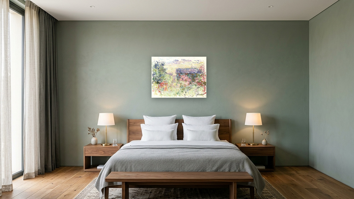 The House Through The Roses by Claude Monet, shown at 30 × 40 in (76.2 × 101.6 cm) as gallery-wrapped canvas, hotel guest room