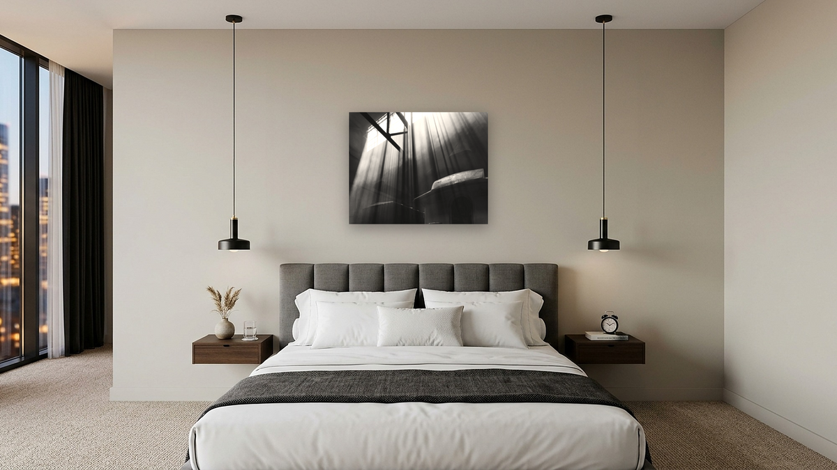 Light Falls #3 from the Nevada Northern Series by Gordon Osmundson, shown at 32 × 40 in (81.3 × 101.6 cm) as gallery-wrapped canvas, hotel guest room