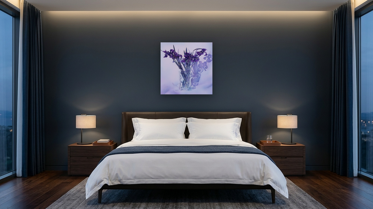 Vased Irises by Kirsten Söderlind, shown at 32 × 32 in (81.3 × 81.3 cm) as gallery-wrapped canvas, hotel guest room