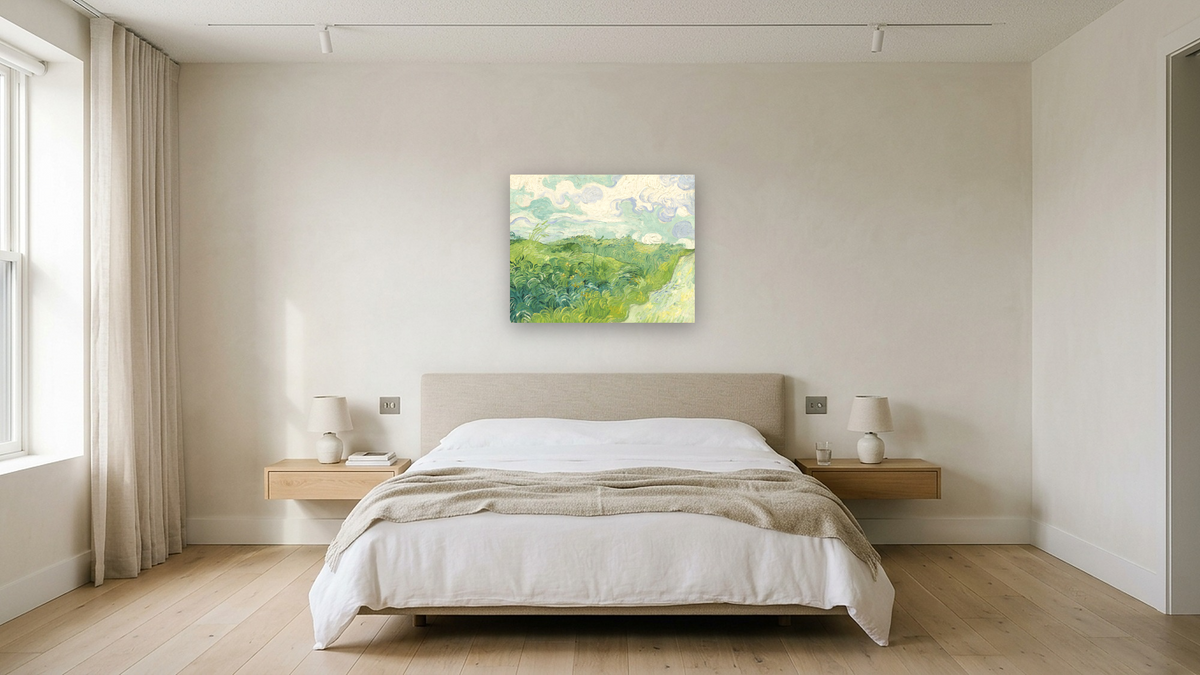 Green Wheat Fields, Auvers by Vincent van Gogh, shown at 32 × 40 in (81.3 × 101.6 cm) as gallery-wrapped canvas, hotel guest room