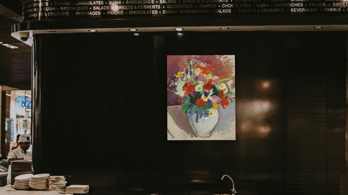 Still Life: Flowers in a Vase by Patrick Henry Bruce, shown at 32 × 40 in (81.3 × 101.6 cm) as gallery-wrapped canvas, restaurant