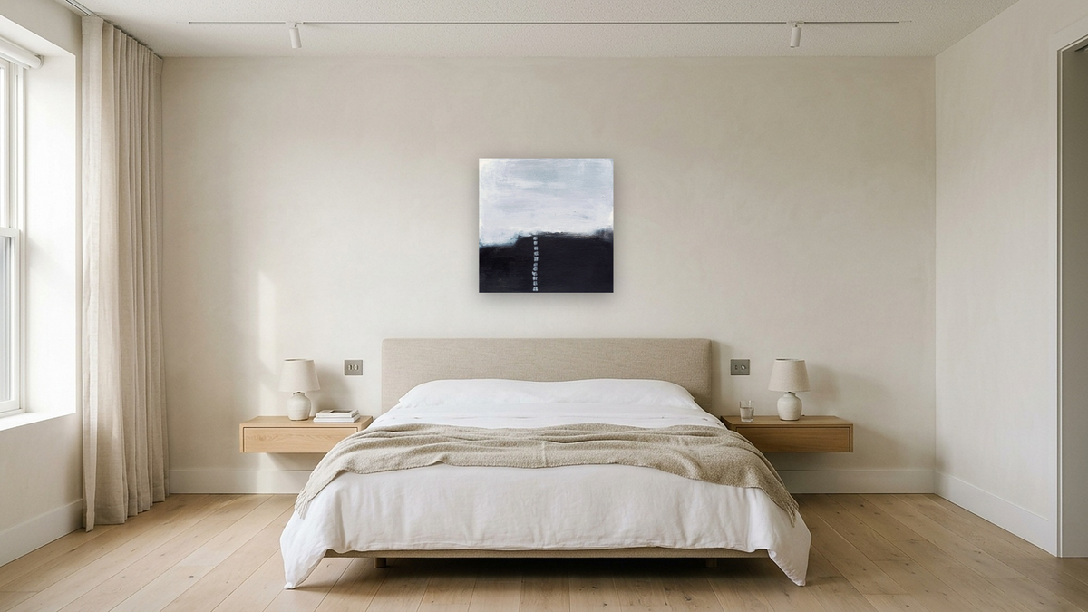 No. 383 by Michelle Oppenheimer, shown at 32 × 32 in (81.3 × 81.3 cm) as gallery-wrapped canvas, hotel guest room