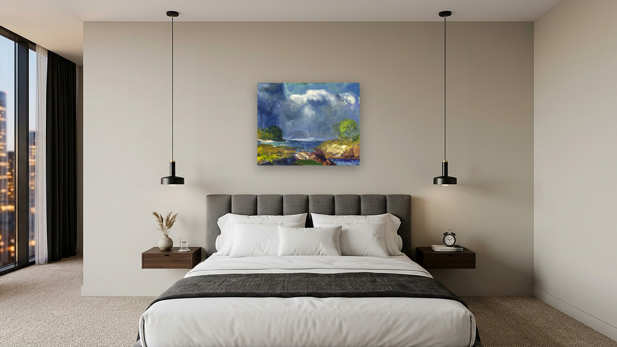 The Coming Storm by George Wesley Bellows, shown at 32 × 40 in (81.3 × 101.6 cm) as gallery-wrapped canvas, hotel guest room