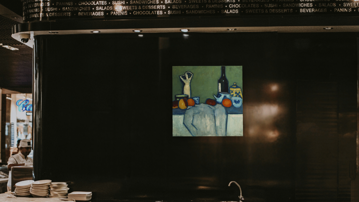 Still Life with Bottle, Fruit and Figure by Alexei Jawlensky, shown at 32 × 32 in (81.3 × 81.3 cm) as gallery-wrapped canvas, restaurant