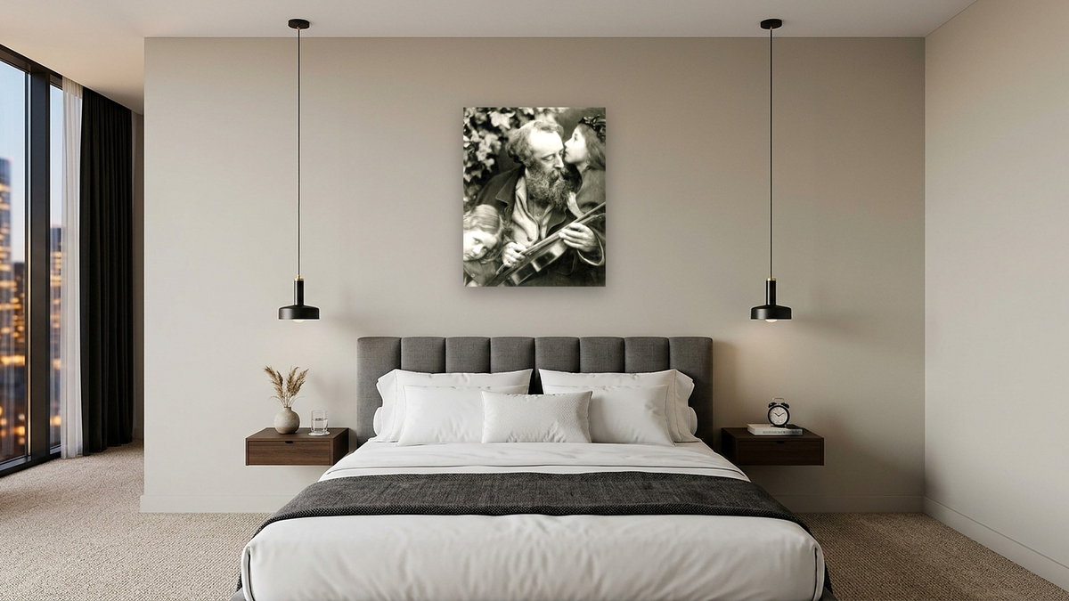 The Whisper of the Muse, a portrait of George Frederick Watts (1817-1904) by Julia Margaret Cameron, shown at 32 × 40 in (81.3 × 101.6 cm) as gallery-wrapped canvas, hotel guest room