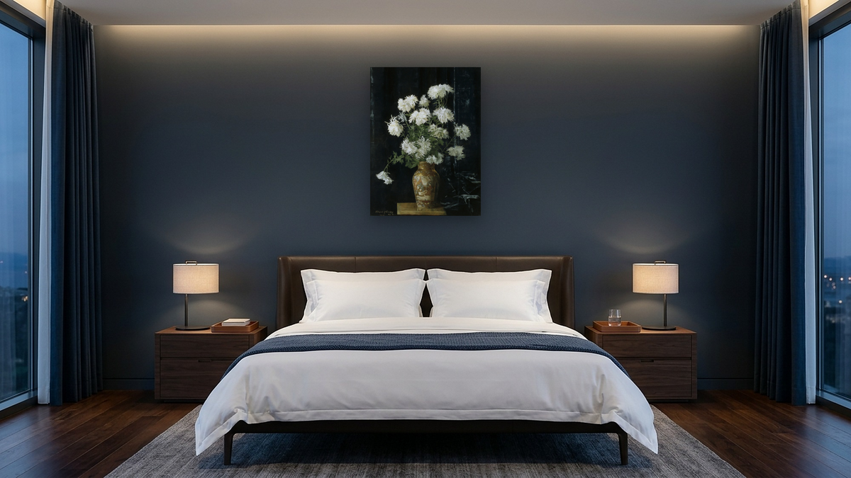 Chrysanthemums in an Oriental Vase by Alberta Binford McCloskey, shown at 30 × 40 in (76.2 × 101.6 cm) as gallery-wrapped canvas, hotel guest room