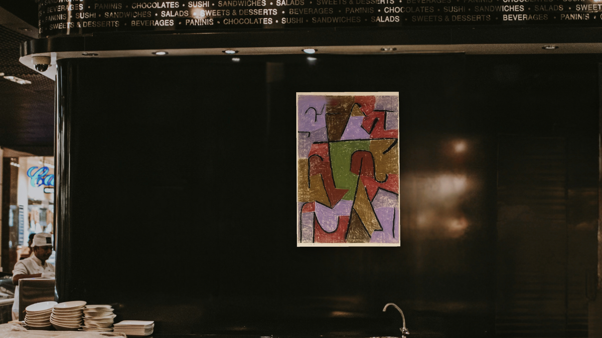Indianisch by Paul Klee, shown at 28 × 42 in (71.1 × 106.7 cm) as gallery-wrapped canvas, restaurant