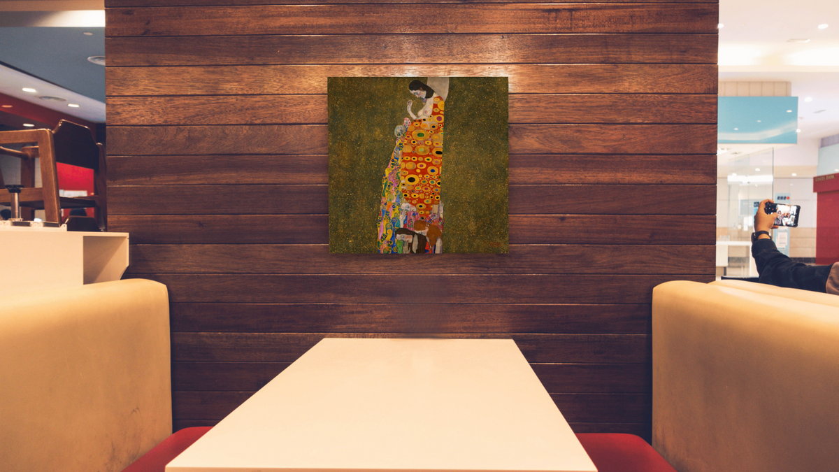 Hope, II by Gustav Klimt, shown at 32 × 32 in (81.3 × 81.3 cm) as gallery-wrapped canvas, restaurant