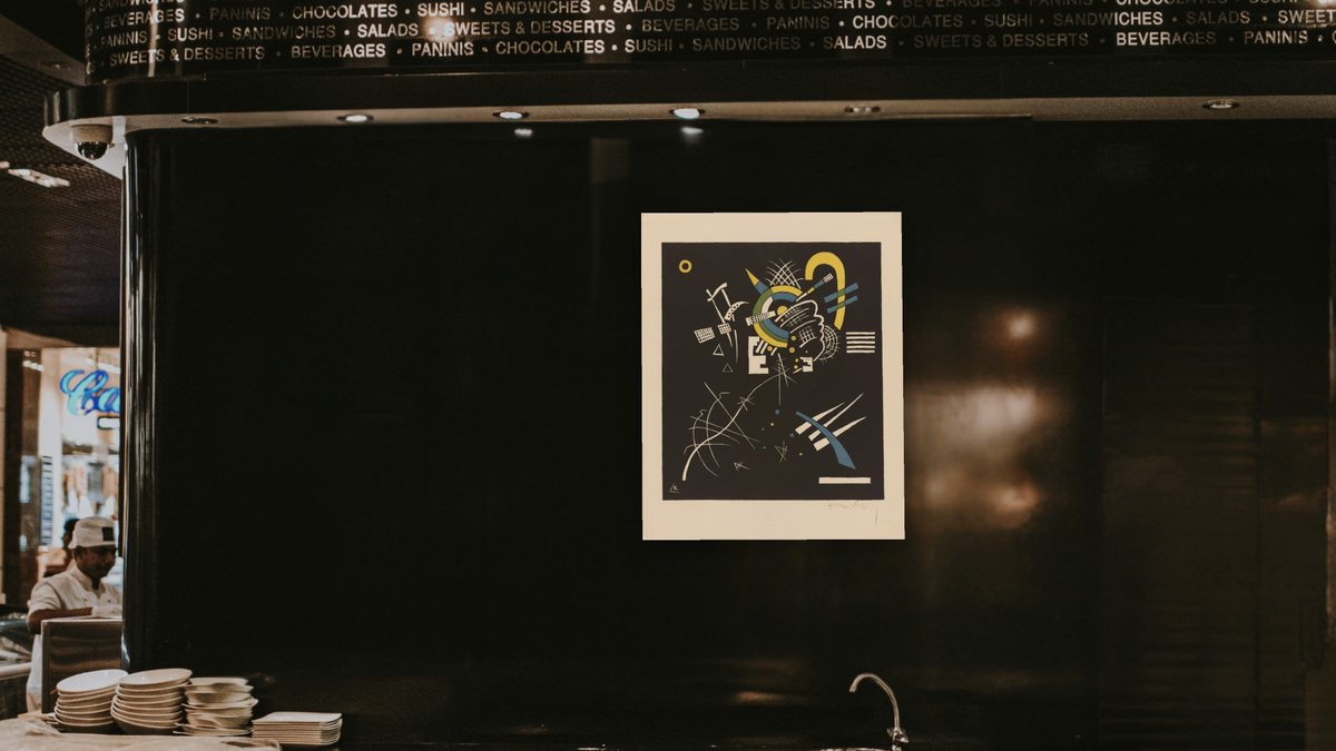 Kleine Welten, VII (Small Worlds, VII) by Wassily Kandinsky, shown at 32 × 40 in (81.3 × 101.6 cm) as gallery-wrapped canvas, restaurant