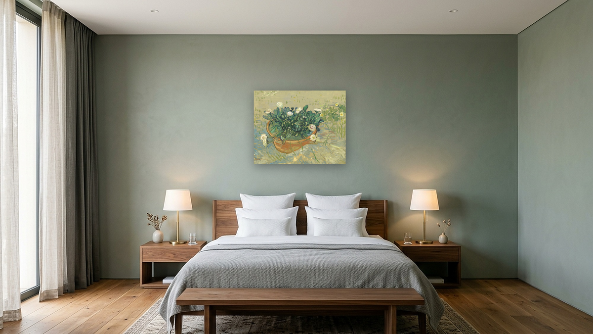 Daisies, Arles by Vincent van Gogh, shown at 32 × 40 in (81.3 × 101.6 cm) as gallery-wrapped canvas, hotel guest room