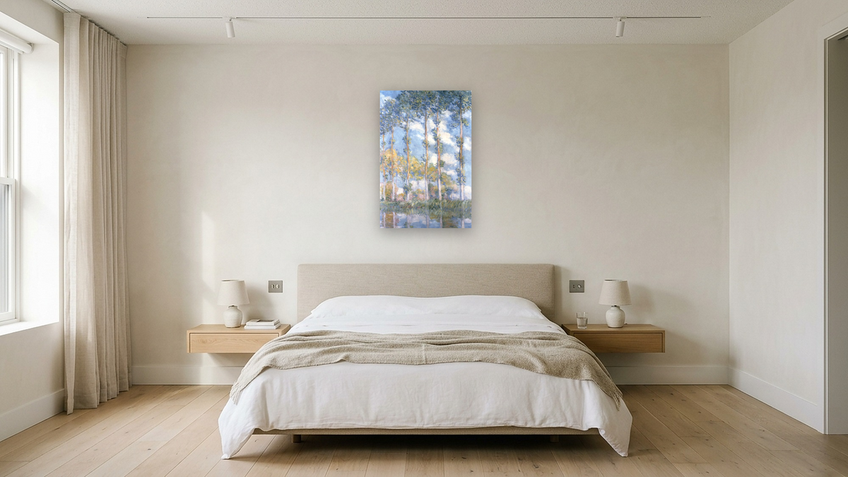 Poplars by Claude Monet, shown at 28 × 42 in (71.1 × 106.7 cm) as gallery-wrapped canvas, hotel guest room