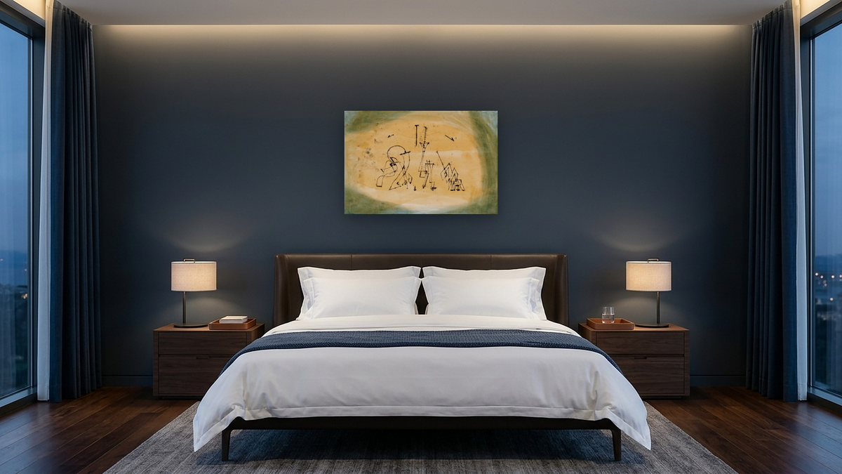 Abstract Trio by Paul Klee, shown at 28 × 42 in (71.1 × 106.7 cm) as gallery-wrapped canvas, hotel guest room