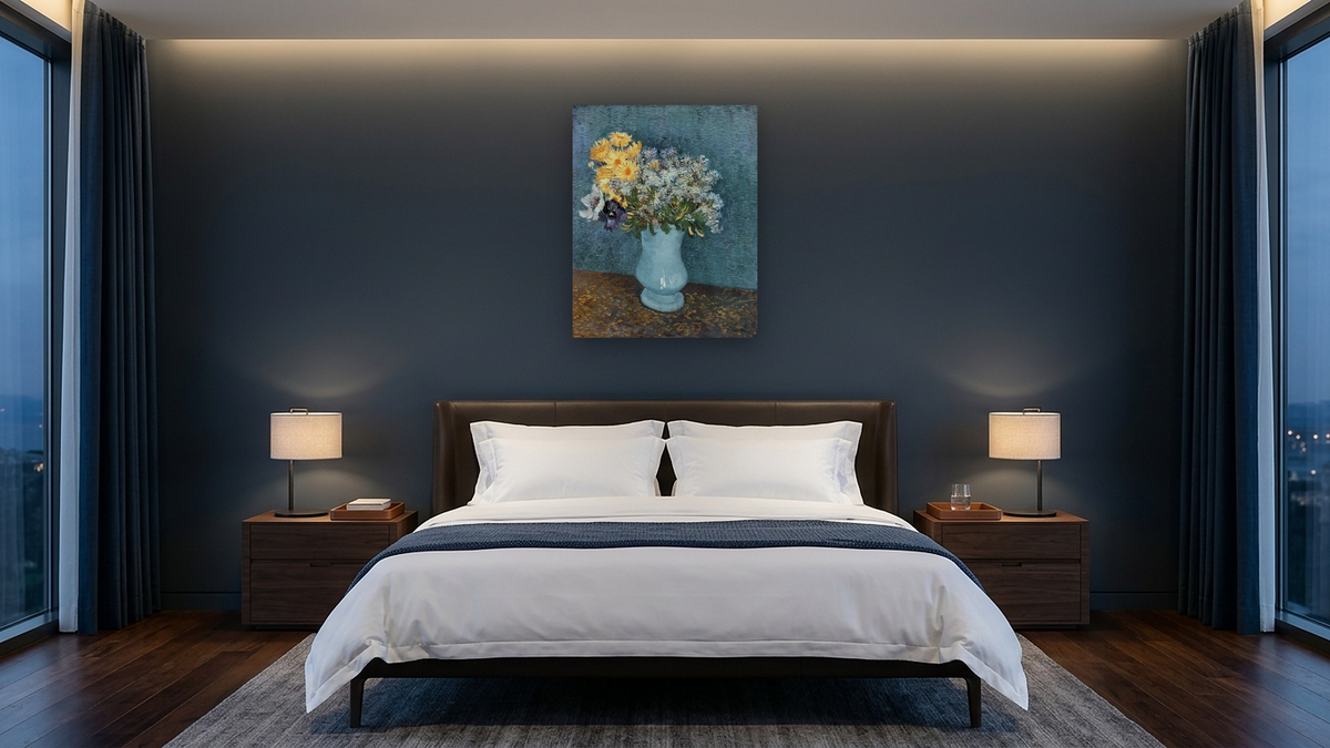 Vase of Flowers by Vincent van Gogh, shown at 32 × 40 in (81.3 × 101.6 cm) as gallery-wrapped canvas, hotel guest room